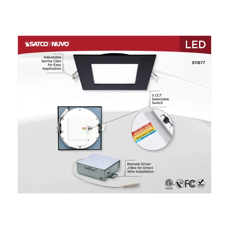 12 Watt - LED Direct Wire Downlight - Edge-lit - 6 inch - CCT Selectable - 120 volt - Dimmable - Square - Remote Driver - Black Finish - Image 8