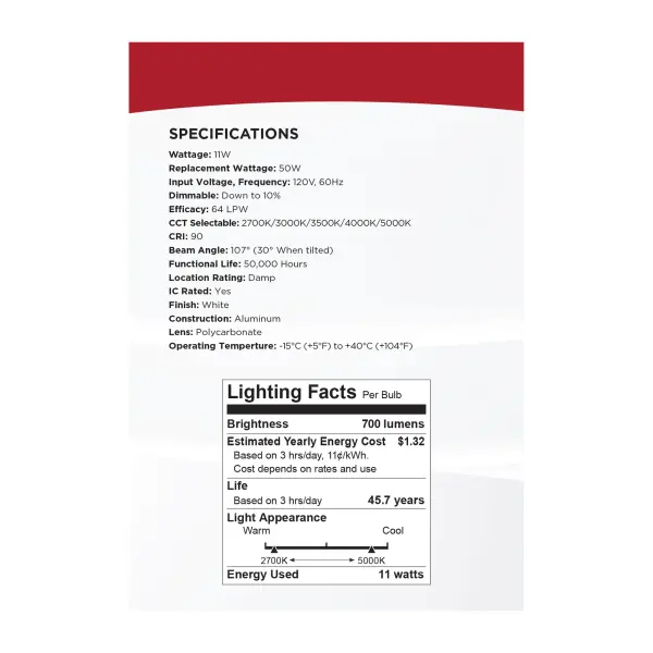 11 Watt - 4" - Directional Low-Profile Downlight - CCT Selectable - 120 Volt - White Finish - Image 15
