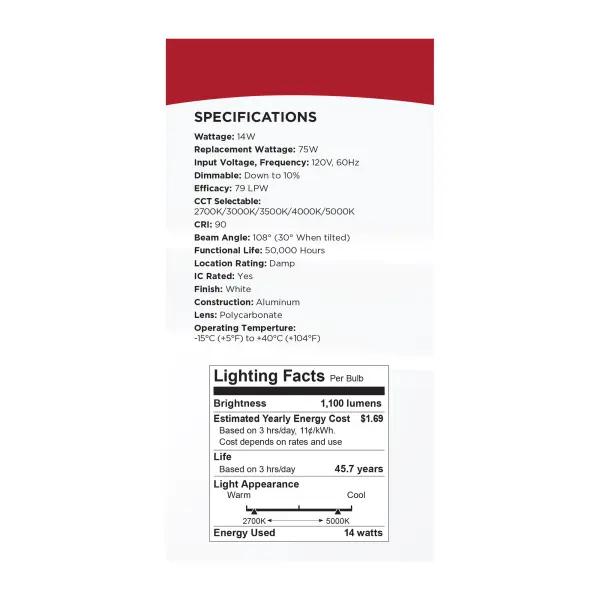 14 Watt - 6" - Directional Low-Profile Downlight - CCT Selectable - 120 Volt - White Finish - Image 15