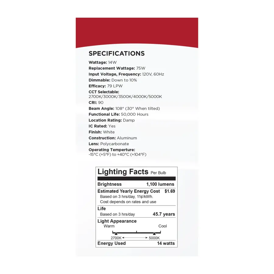 14 Watt - 6" - Directional Low-Profile Downlight - CCT Selectable - 120 Volt - White Finish - Image 15