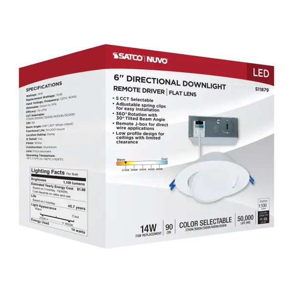 14 Watt - 6" - Directional Low-Profile Downlight - CCT Selectable - 120 Volt - White Finish - Image 16