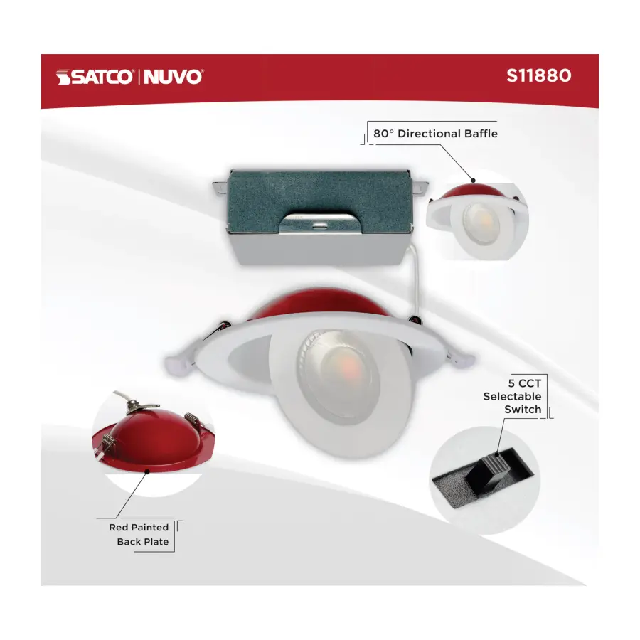 9 Watt LED - Fire Rated - 4 Inch Direct Wire Directional Downlight - Round Shape - White Finish - CCT Selectable - Dimmable - 120 Volts - Image 11