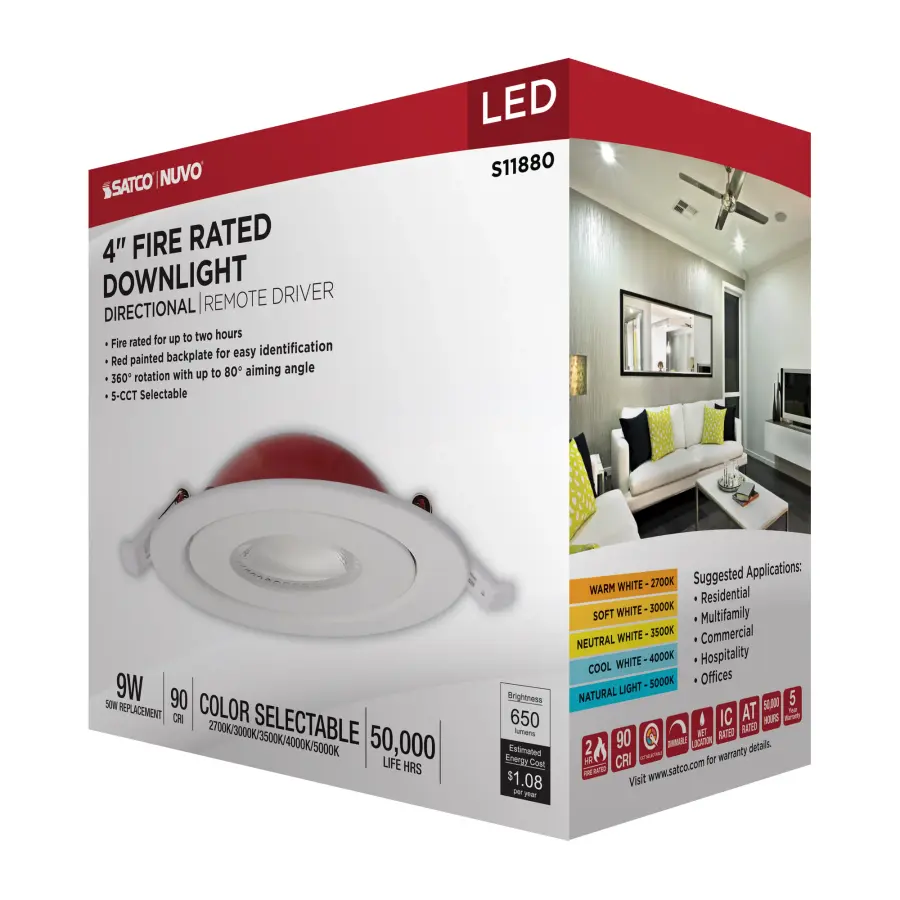 9 Watt LED - Fire Rated - 4 Inch Direct Wire Directional Downlight - Round Shape - White Finish - CCT Selectable - Dimmable - 120 Volts - Image 14