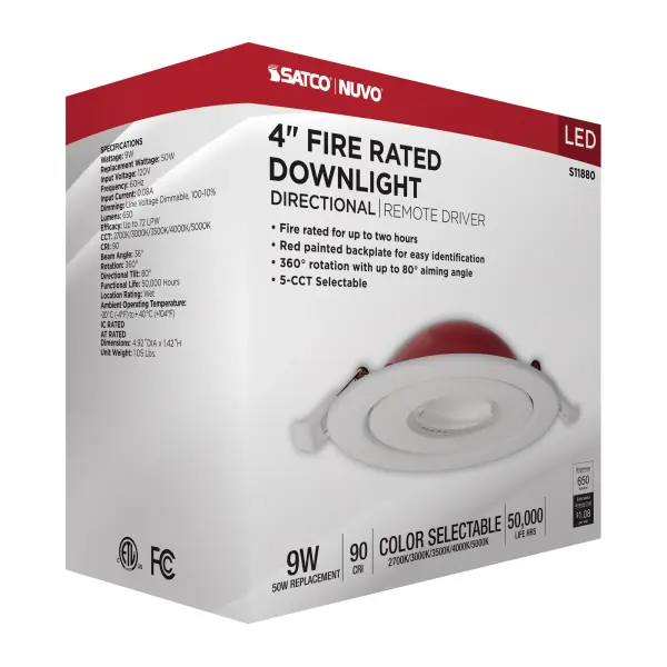 9 Watt LED - Fire Rated - 4 Inch Direct Wire Directional Downlight - Round Shape - White Finish - CCT Selectable - Dimmable - 120 Volts - Image 15