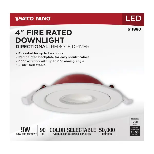 9 Watt LED - Fire Rated - 4 Inch Direct Wire Directional Downlight - Round Shape - White Finish - CCT Selectable - Dimmable - 120 Volts - Image 10