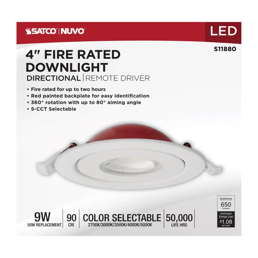 9 Watt LED - Fire Rated - 4 Inch Direct Wire Directional Downlight - Round Shape - White Finish - CCT Selectable - Dimmable - 120 Volts - Image 10