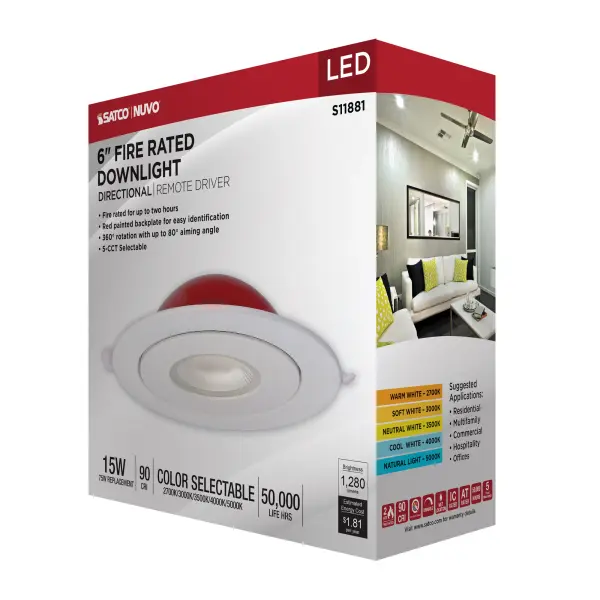 15 Watt LED - Fire Rated - 6 Inch Direct Wire Directional Downlight - Round Shape - White Finish - CCT Selectable - Dimmable - 120 Volts - Image 14