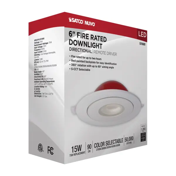 15 Watt LED - Fire Rated - 6 Inch Direct Wire Directional Downlight - Round Shape - White Finish - CCT Selectable - Dimmable - 120 Volts - Image 15