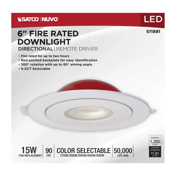 15 Watt LED - Fire Rated - 6 Inch Direct Wire Directional Downlight - Round Shape - White Finish - CCT Selectable - Dimmable - 120 Volts - Image 10