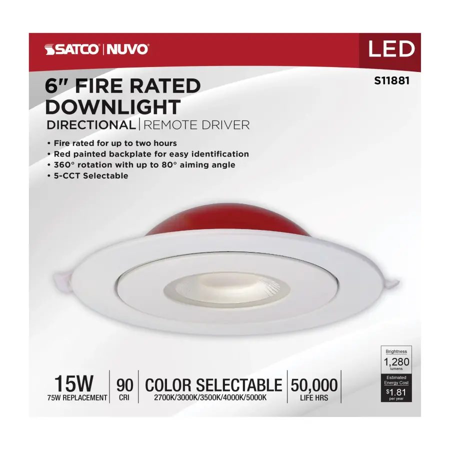 15 Watt LED - Fire Rated - 6 Inch Direct Wire Directional Downlight - Round Shape - White Finish - CCT Selectable - Dimmable - 120 Volts - Image 10