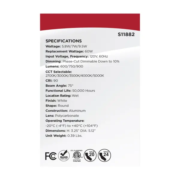 Field Selectable LED Downlight Retrofit - Deep Baffle - 5.8/7/9.5 Watts - 27K/30K/35K/40K/50K CCT - 4 Inch - Round Shape - White Finish - 120 Volts - Image 12
