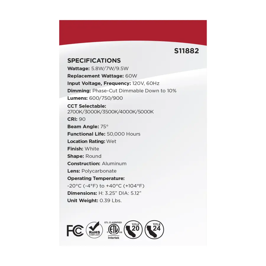 Field Selectable LED Downlight Retrofit - Deep Baffle - 5.8/7/9.5 Watts - 27K/30K/35K/40K/50K CCT - 4 Inch - Round Shape - White Finish - 120 Volts - Image 12