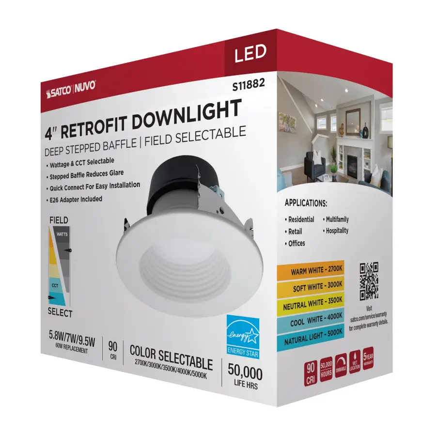 Field Selectable LED Downlight Retrofit - Deep Baffle - 5.8/7/9.5 Watts - 27K/30K/35K/40K/50K CCT - 4 Inch - Round Shape - White Finish - 120 Volts - Image 13