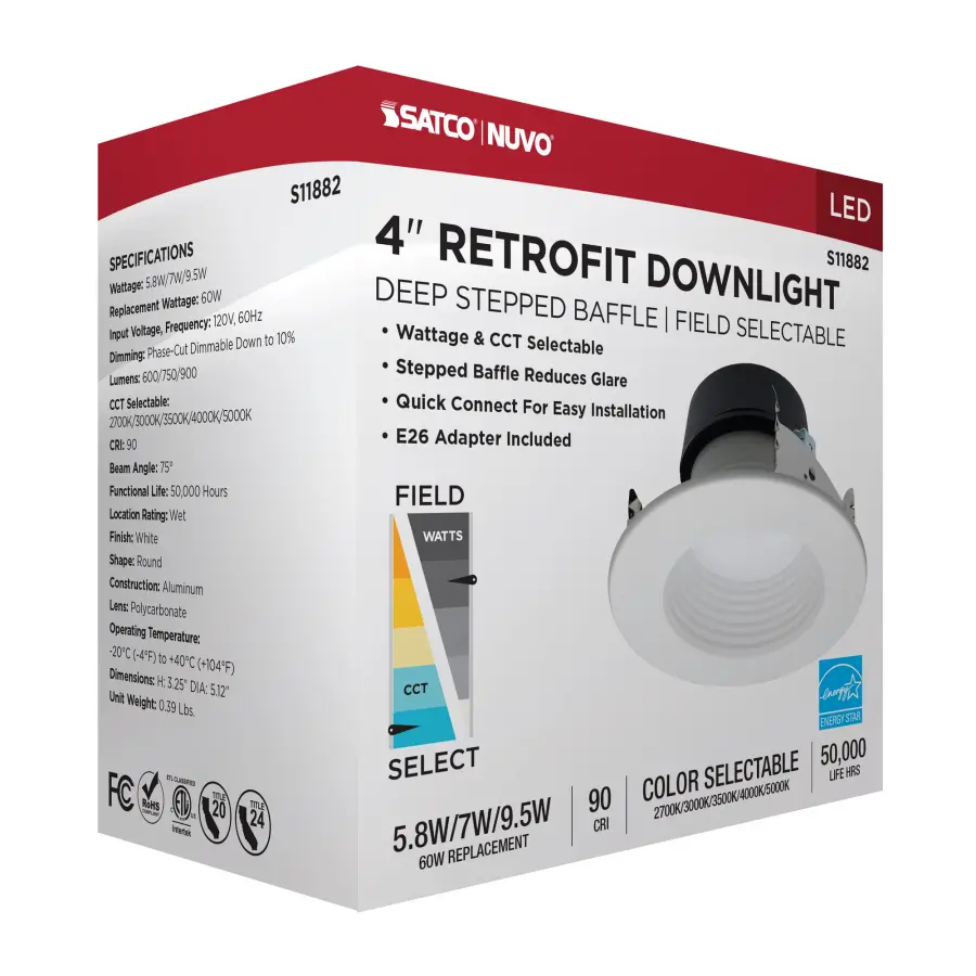 Field Selectable LED Downlight Retrofit - Deep Baffle - 5.8/7/9.5 Watts - 27K/30K/35K/40K/50K CCT - 4 Inch - Round Shape - White Finish - 120 Volts - Image 14