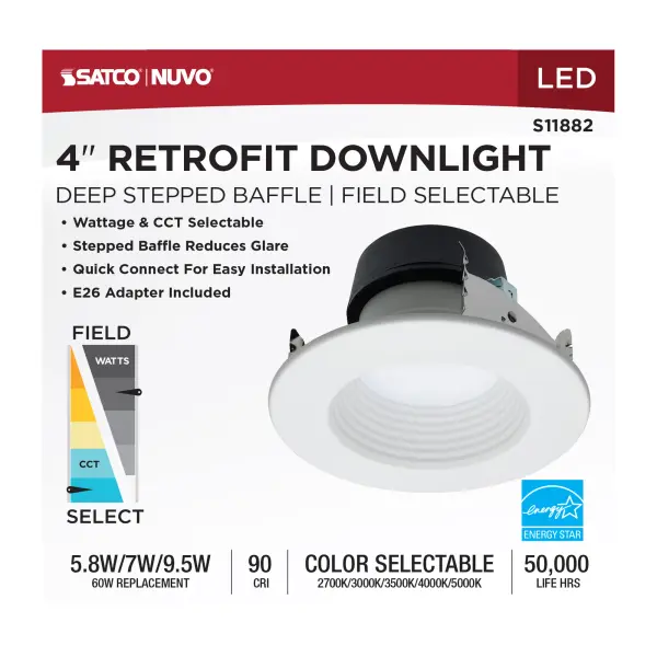 Field Selectable LED Downlight Retrofit - Deep Baffle - 5.8/7/9.5 Watts - 27K/30K/35K/40K/50K CCT - 4 Inch - Round Shape - White Finish - 120 Volts - Image 9