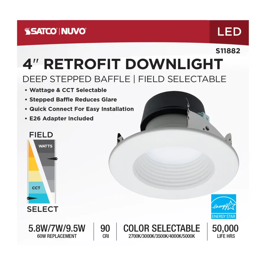 Field Selectable LED Downlight Retrofit - Deep Baffle - 5.8/7/9.5 Watts - 27K/30K/35K/40K/50K CCT - 4 Inch - Round Shape - White Finish - 120 Volts - Image 9