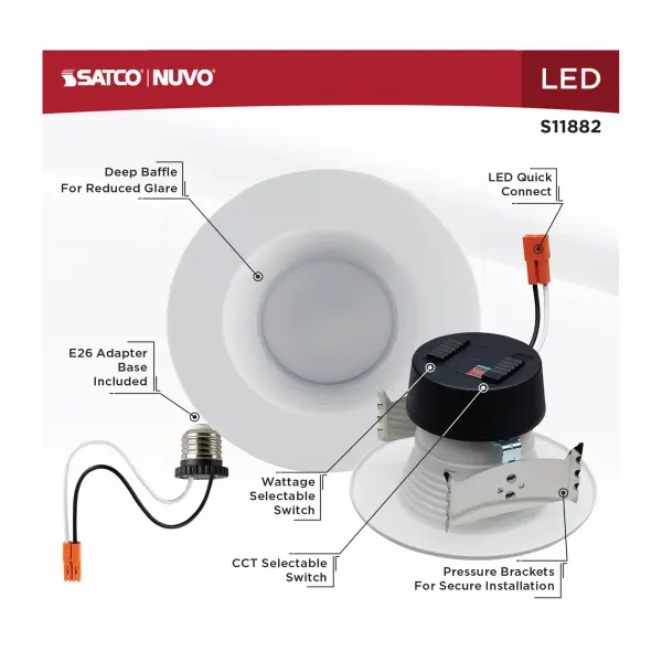 Field Selectable LED Downlight Retrofit - Deep Baffle - 5.8/7/9.5 Watts - 27K/30K/35K/40K/50K CCT - 4 Inch - Round Shape - White Finish - 120 Volts - Image 10