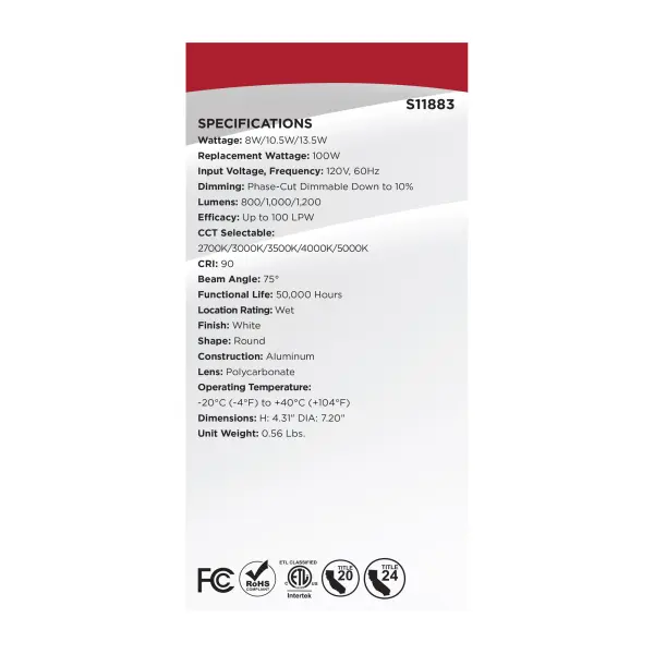 Field Selectable LED Downlight Retrofit - Deep Baffle - 8/10.5/13.5 Watts - 27K/30K/35K/40K/50K CCT - 5-6 Inch - Round Shape - White Finish - 120 Volts - Image 11