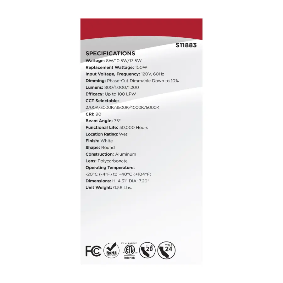 Field Selectable LED Downlight Retrofit - Deep Baffle - 8/10.5/13.5 Watts - 27K/30K/35K/40K/50K CCT - 5-6 Inch - Round Shape - White Finish - 120 Volts - Image 11