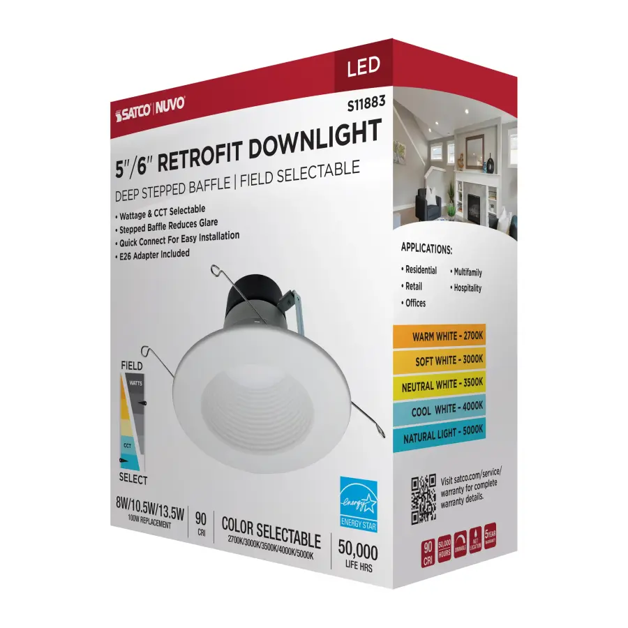 Field Selectable LED Downlight Retrofit - Deep Baffle - 8/10.5/13.5 Watts - 27K/30K/35K/40K/50K CCT - 5-6 Inch - Round Shape - White Finish - 120 Volts - Image 12