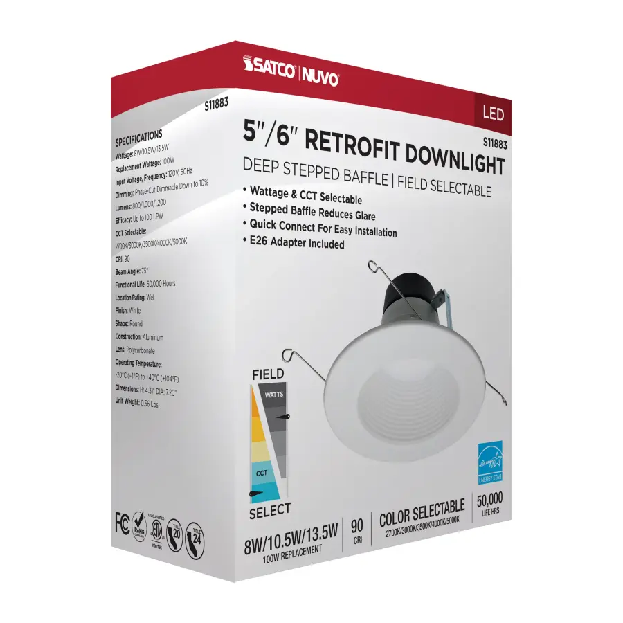 Field Selectable LED Downlight Retrofit - Deep Baffle - 8/10.5/13.5 Watts - 27K/30K/35K/40K/50K CCT - 5-6 Inch - Round Shape - White Finish - 120 Volts - Image 13