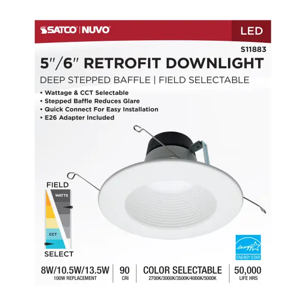 Field Selectable LED Downlight Retrofit - Deep Baffle - 8/10.5/13.5 Watts - 27K/30K/35K/40K/50K CCT - 5-6 Inch - Round Shape - White Finish - 120 Volts - Image 8