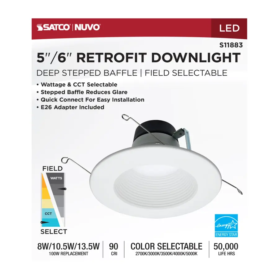 Field Selectable LED Downlight Retrofit - Deep Baffle - 8/10.5/13.5 Watts - 27K/30K/35K/40K/50K CCT - 5-6 Inch - Round Shape - White Finish - 120 Volts - Image 8