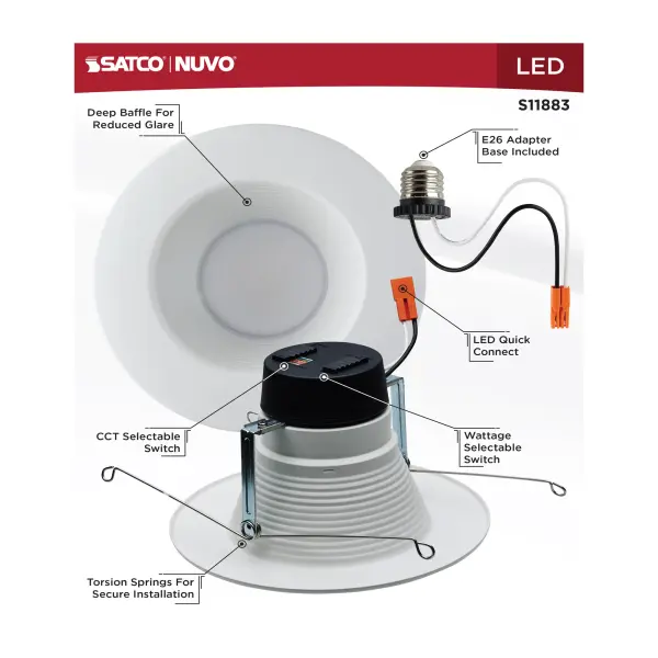Field Selectable LED Downlight Retrofit - Deep Baffle - 8/10.5/13.5 Watts - 27K/30K/35K/40K/50K CCT - 5-6 Inch - Round Shape - White Finish - 120 Volts - Image 9