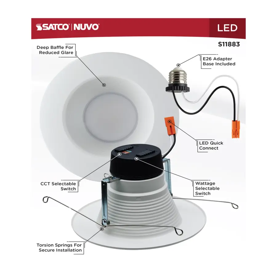 Field Selectable LED Downlight Retrofit - Deep Baffle - 8/10.5/13.5 Watts - 27K/30K/35K/40K/50K CCT - 5-6 Inch - Round Shape - White Finish - 120 Volts - Image 9
