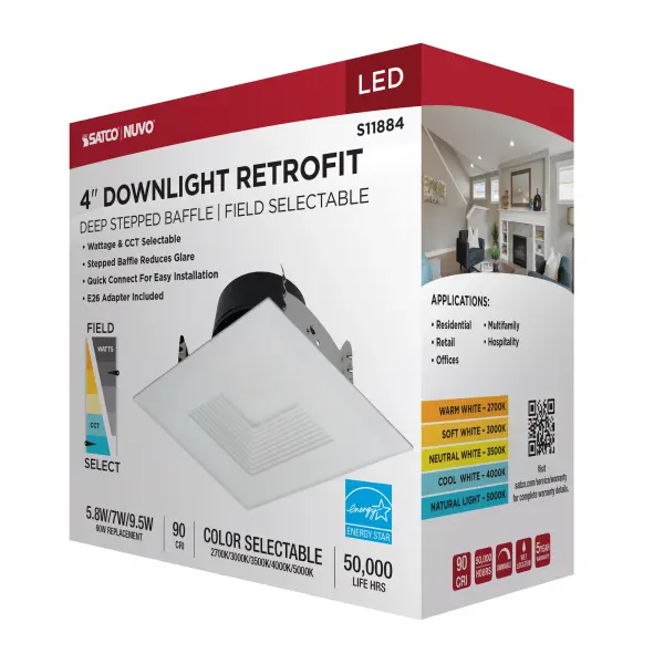Field Selectable LED Downlight Retrofit - Deep Baffle - 5.8/7/9.5 Watts - 27K/30K/35K/40K/50K CCT - 4 Inch - Square Shape - White Finish - 120 Volts - Image 13