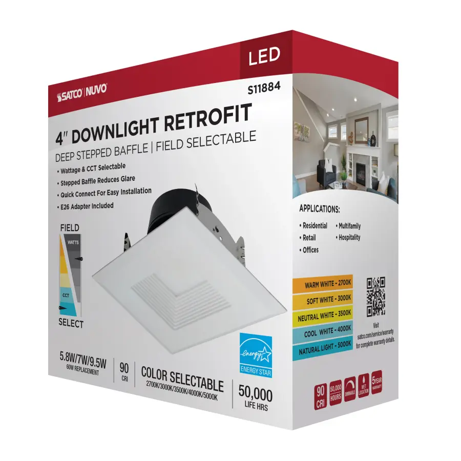 Field Selectable LED Downlight Retrofit - Deep Baffle - 5.8/7/9.5 Watts - 27K/30K/35K/40K/50K CCT - 4 Inch - Square Shape - White Finish - 120 Volts - Image 13