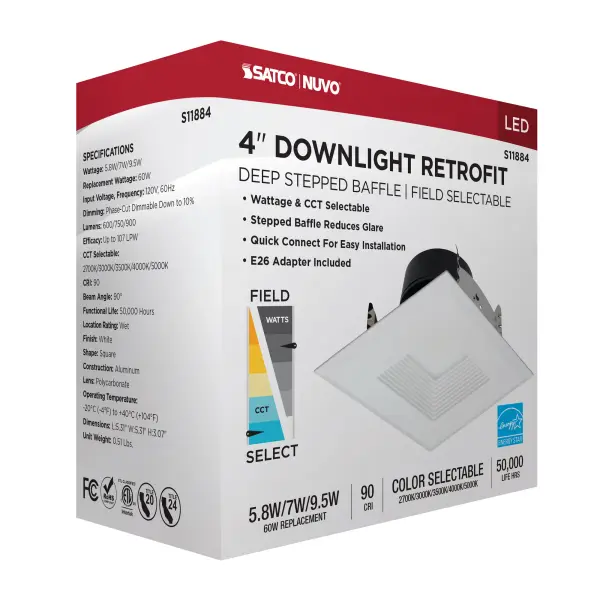 Field Selectable LED Downlight Retrofit - Deep Baffle - 5.8/7/9.5 Watts - 27K/30K/35K/40K/50K CCT - 4 Inch - Square Shape - White Finish - 120 Volts - Image 14