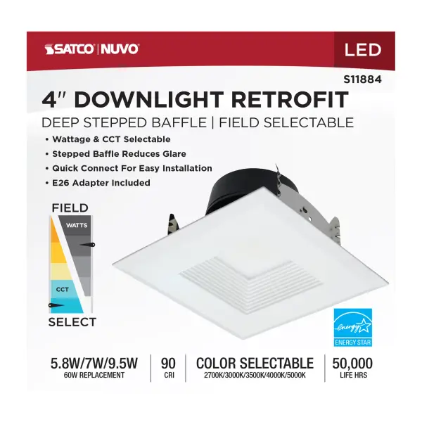 Field Selectable LED Downlight Retrofit - Deep Baffle - 5.8/7/9.5 Watts - 27K/30K/35K/40K/50K CCT - 4 Inch - Square Shape - White Finish - 120 Volts - Image 9