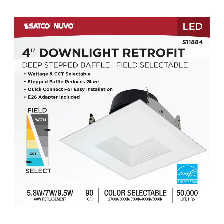 Field Selectable LED Downlight Retrofit - Deep Baffle - 5.8/7/9.5 Watts - 27K/30K/35K/40K/50K CCT - 4 Inch - Square Shape - White Finish - 120 Volts - Image 9