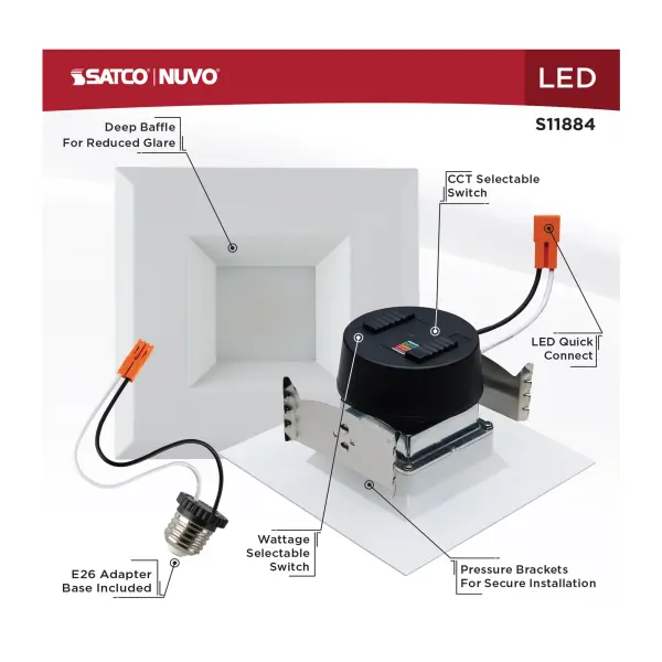 Field Selectable LED Downlight Retrofit - Deep Baffle - 5.8/7/9.5 Watts - 27K/30K/35K/40K/50K CCT - 4 Inch - Square Shape - White Finish - 120 Volts - Image 10