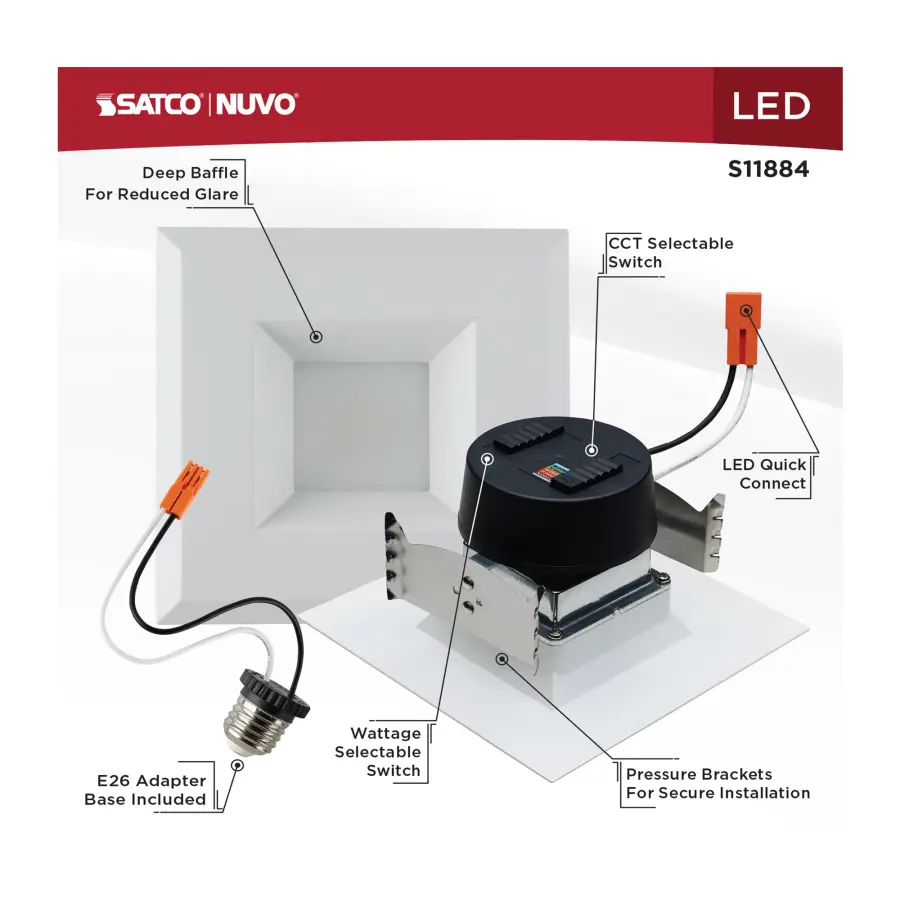Field Selectable LED Downlight Retrofit - Deep Baffle - 5.8/7/9.5 Watts - 27K/30K/35K/40K/50K CCT - 4 Inch - Square Shape - White Finish - 120 Volts - Image 10