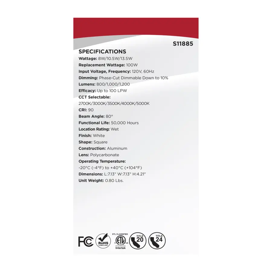 Field Selectable LED Downlight Retrofit - Deep Baffle - 8/10.5/13.5 Watts - 27K/30K/35K/40K/50K CCT - 5-6 Inch - Square Shape - White Finish - 120 Volts - Image 11