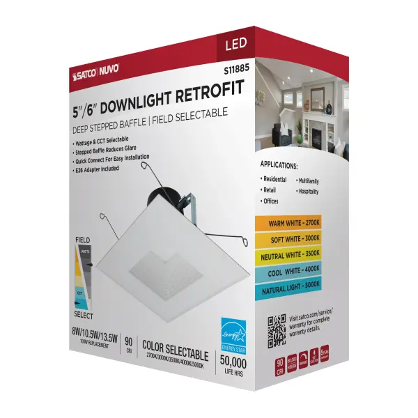 Field Selectable LED Downlight Retrofit - Deep Baffle - 8/10.5/13.5 Watts - 27K/30K/35K/40K/50K CCT - 5-6 Inch - Square Shape - White Finish - 120 Volts - Image 12