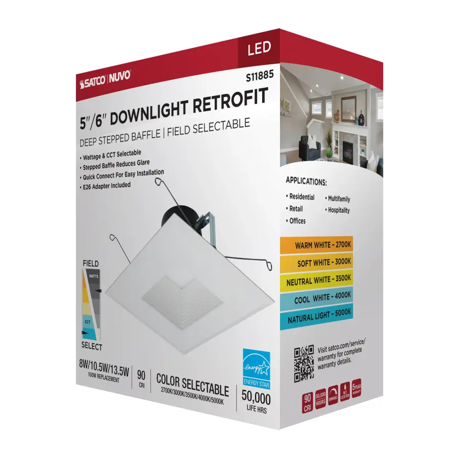 Field Selectable LED Downlight Retrofit - Deep Baffle - 8/10.5/13.5 Watts - 27K/30K/35K/40K/50K CCT - 5-6 Inch - Square Shape - White Finish - 120 Volts - Image 12