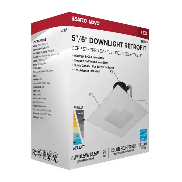 Field Selectable LED Downlight Retrofit - Deep Baffle - 8/10.5/13.5 Watts - 27K/30K/35K/40K/50K CCT - 5-6 Inch - Square Shape - White Finish - 120 Volts - Image 13