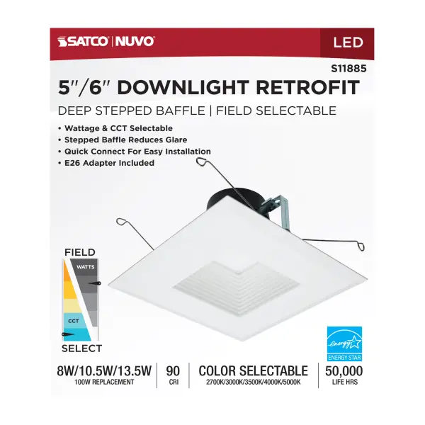Field Selectable LED Downlight Retrofit - Deep Baffle - 8/10.5/13.5 Watts - 27K/30K/35K/40K/50K CCT - 5-6 Inch - Square Shape - White Finish - 120 Volts - Image 8