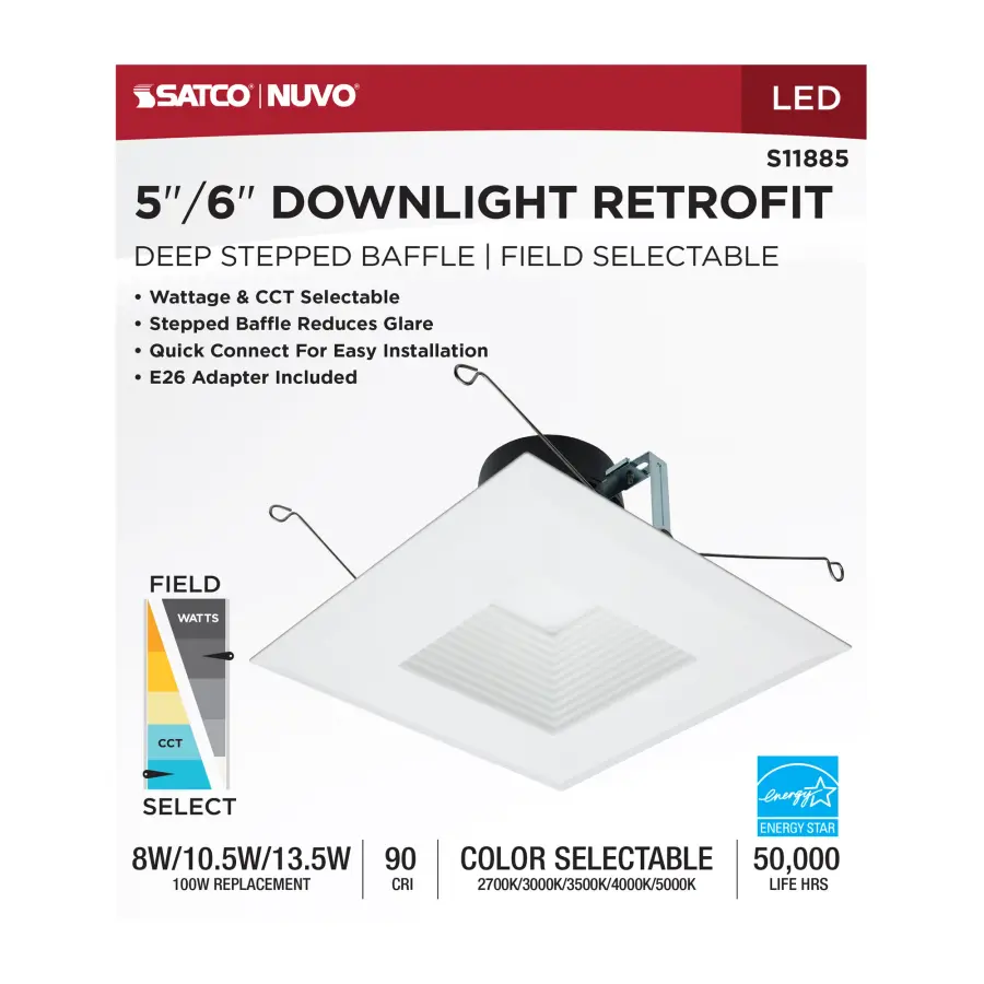 Field Selectable LED Downlight Retrofit - Deep Baffle - 8/10.5/13.5 Watts - 27K/30K/35K/40K/50K CCT - 5-6 Inch - Square Shape - White Finish - 120 Volts - Image 8