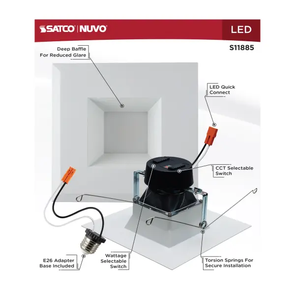 Field Selectable LED Downlight Retrofit - Deep Baffle - 8/10.5/13.5 Watts - 27K/30K/35K/40K/50K CCT - 5-6 Inch - Square Shape - White Finish - 120 Volts - Image 9