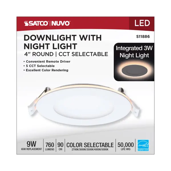 9 Watt LED Direct Wire Downlight with Night Light - 4 Inch - Remote Driver - CCT Selectable - Dimmable - Round - White Finish - Image 13