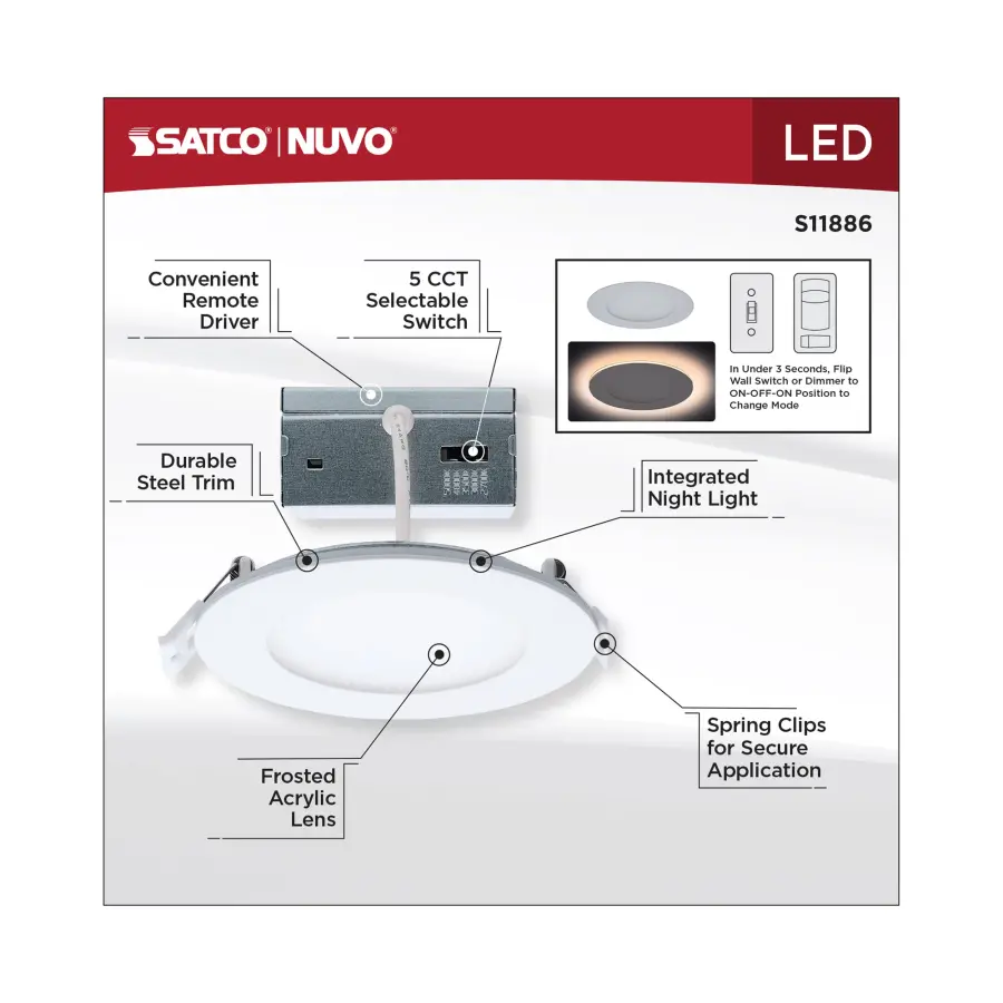 9 Watt LED Direct Wire Downlight with Night Light - 4 Inch - Remote Driver - CCT Selectable - Dimmable - Round - White Finish - Image 14