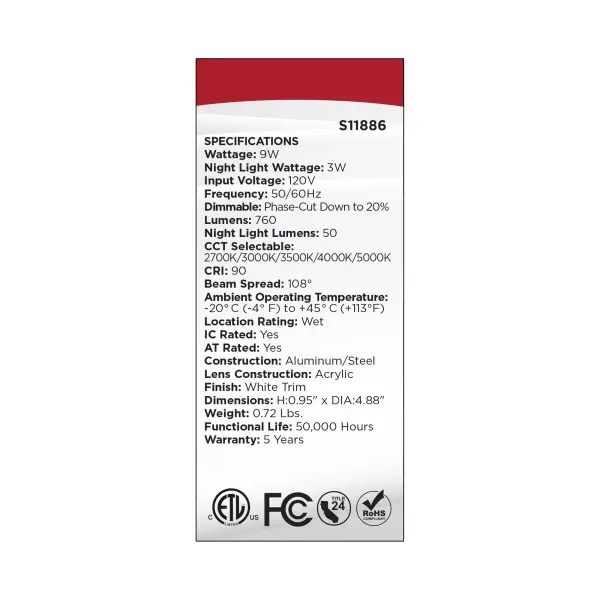 9 Watt LED Direct Wire Downlight with Night Light - 4 Inch - Remote Driver - CCT Selectable - Dimmable - Round - White Finish - Image 15