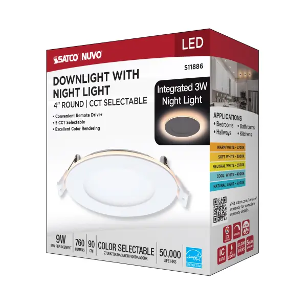 9 Watt LED Direct Wire Downlight with Night Light - 4 Inch - Remote Driver - CCT Selectable - Dimmable - Round - White Finish - Image 17