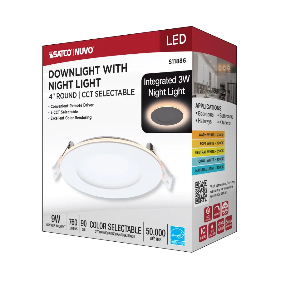 9 Watt LED Direct Wire Downlight with Night Light - 4 Inch - Remote Driver - CCT Selectable - Dimmable - Round - White Finish - Image 17