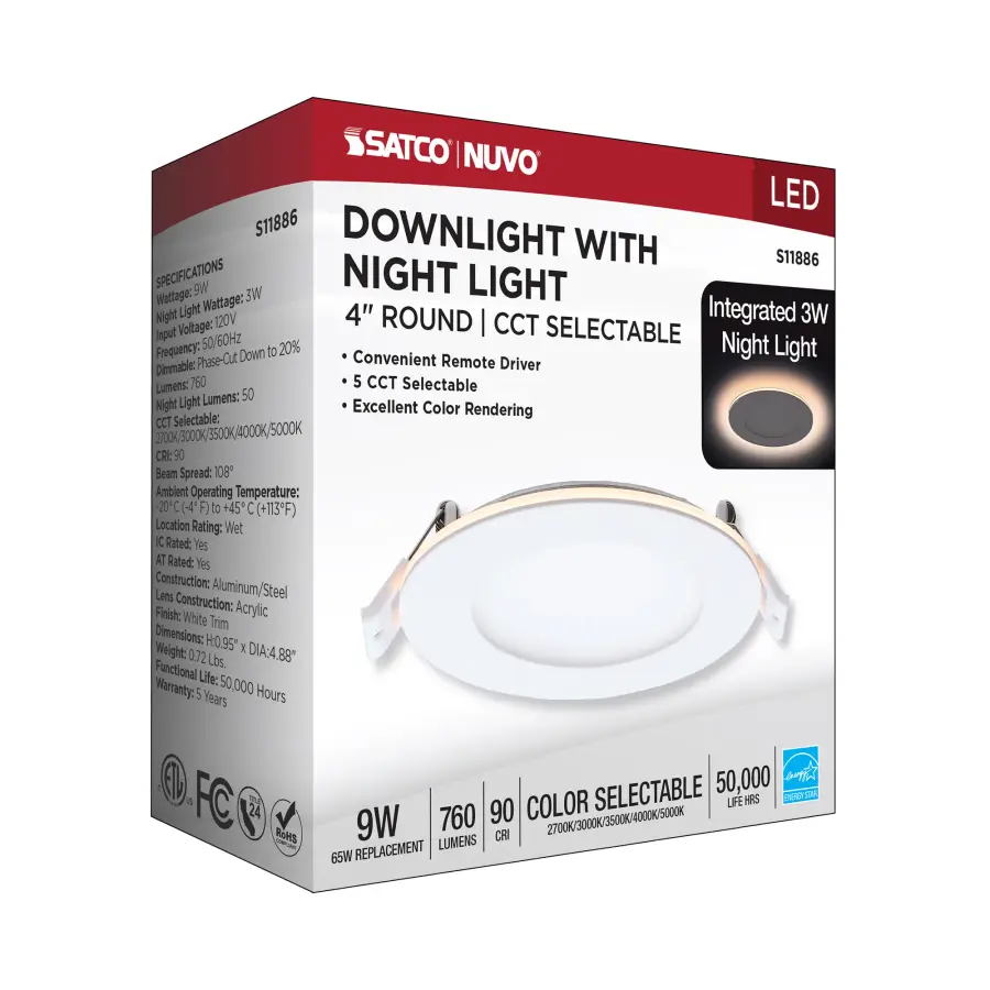 9 Watt LED Direct Wire Downlight with Night Light - 4 Inch - Remote Driver - CCT Selectable - Dimmable - Round - White Finish - Image 18