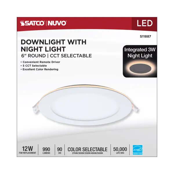 12 Watt LED Direct Wire Downlight with Night Light - 6 Inch - Remote Driver - CCT Selectable - Dimmable - Round - White Finish - Image 13